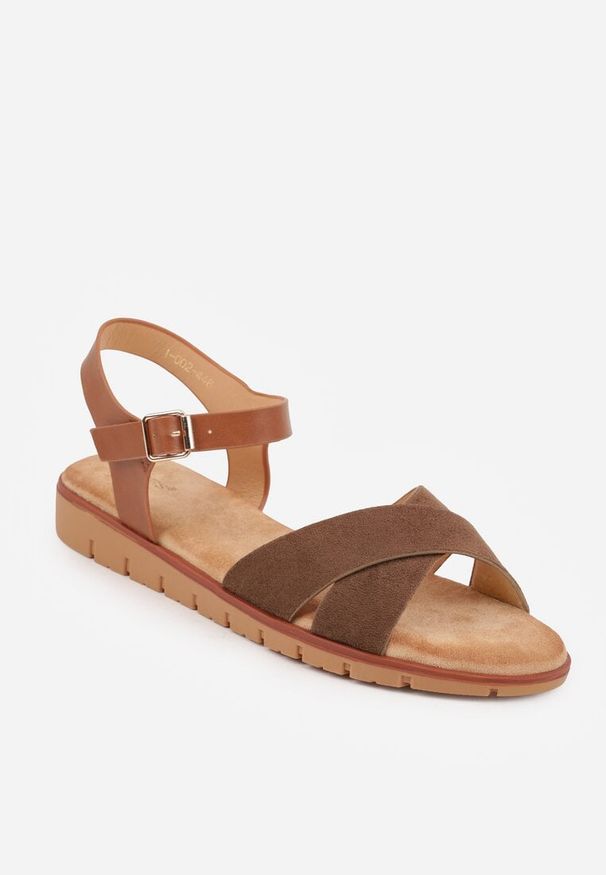 Renee - Brązowe Płaskie Sandały VICES z Cholewką ze Skrzyżowanymi Paskami Emelika. Zapięcie: pasek. Kolor: brązowy. Wzór: haft. Styl: boho