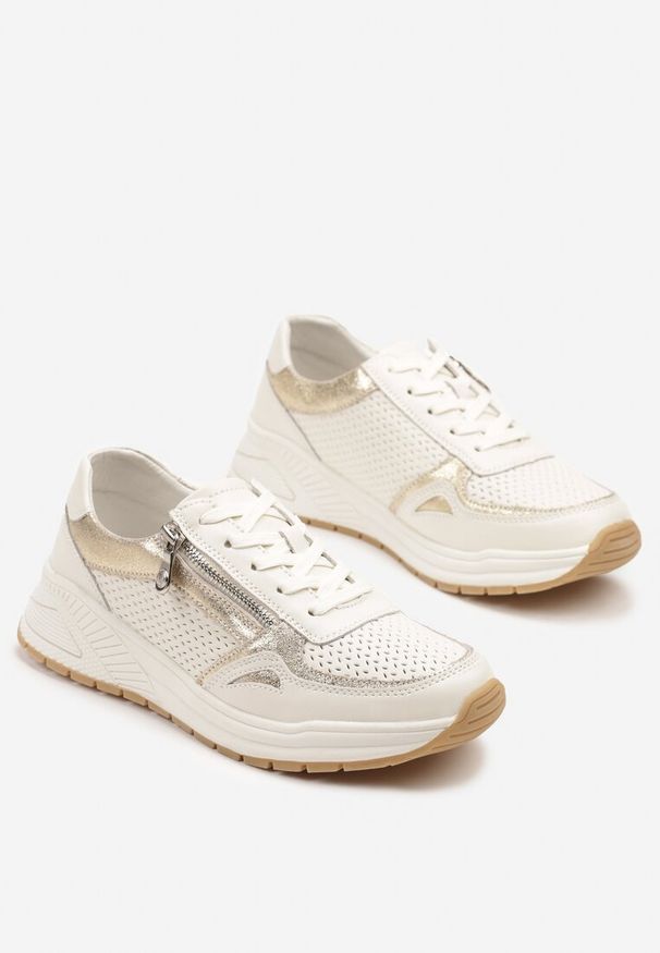 Born2be - Beżowe Sneakersy ze Skóry Naturalnej Zdobione Perforacją i Suwakiem Amivessa. Okazja: na co dzień. Kolor: beżowy. Materiał: skóra. Wzór: aplikacja