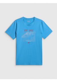 4f - 4F T-shirt regular z nadrukiem męski - niebieski S. Okazja: na co dzień. Kolor: niebieski. Materiał: materiał. Wzór: nadruk. Styl: casual, sportowy #1