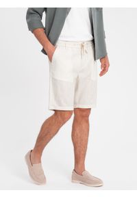 Ombre Clothing - Męskie krótkie spodenki z dodatkiem lnu - kremowe V2. Okazja: na co dzień. Kolor: kremowy. Materiał: len. Długość: krótkie. Sezon: lato. Styl: wakacyjny, casual #4