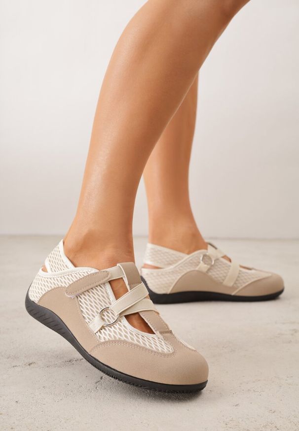 Renee - Ciemnobeżowe Sneakeriny z Siateczki z Zapięciem na Rzep Vianate. Okazja: na co dzień. Zapięcie: rzepy. Kolor: beżowy. Materiał: skóra, koronka