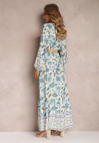 Renee - Niebiesko-Biała Sukienka Rozkloszowana z Paskiem Verintius. Kolor: niebieski. Materiał: tkanina, wiskoza. Długość rękawa: długi rękaw. Wzór: kwiaty. Typ sukienki: kopertowe. Długość: maxi