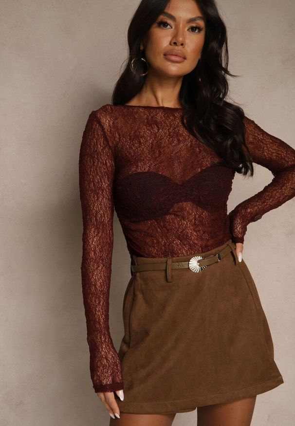 Renee - Brązowe Spódnico-Szorty High Waist z Ozdobnym Paskiem Korelea. Stan: podwyższony. Kolor: brązowy. Styl: klasyczny