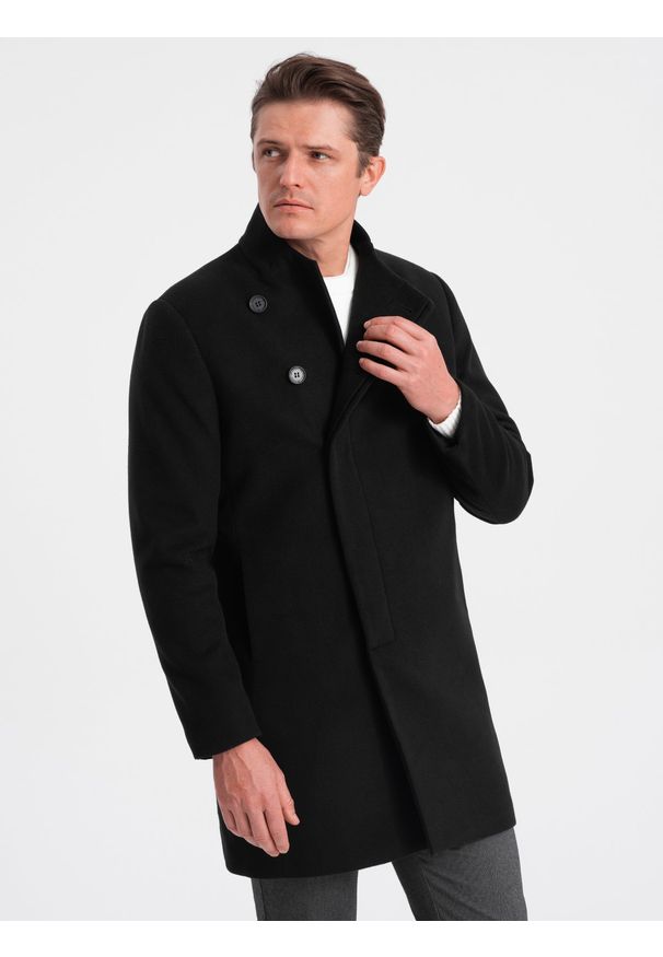Ombre Clothing - Płaszcz męski z asymetrycznym zapięciem - czarny V2 - Rozmiar: L. Kolor: czarny. Materiał: wiskoza, poliester