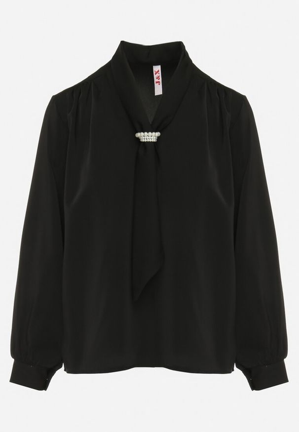 Born2be - Czarna Bluzka z Krawatem i Ozdobną Perłą Jonista. Kolor: czarny. Styl: elegancki