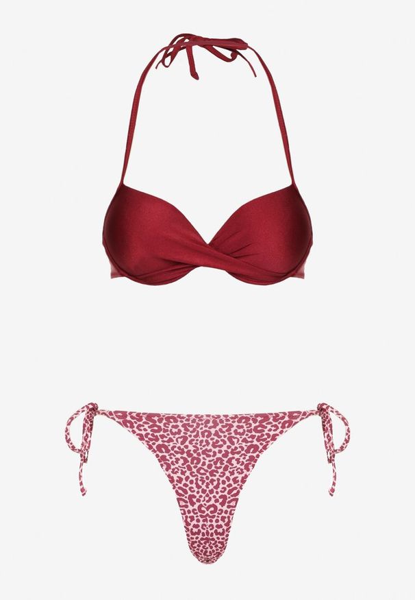 Born2be - Bordowe Bikini Biustonosz i Majtki Figi z Wiązaniem Savlene. Kolor: czerwony. Wzór: aplikacja, haft