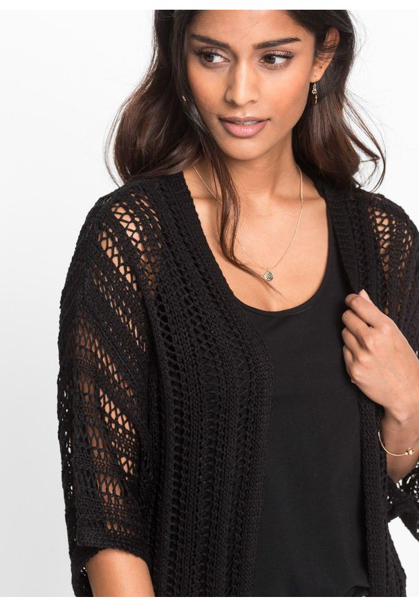 bonprix - Długi sweter ażurowy bez zapięcia. Kolor: czarny. Materiał: dzianina. Długość: długie. Wzór: ażurowy. Sezon: lato