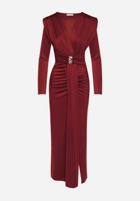 Born2be - Bordowa Elegancka Sukienka z Trenem i Rozcięciem Atissa. Okazja: na imprezę. Kolor: czerwony. Wzór: aplikacja. Styl: elegancki #4