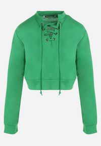 Born2be - Zielona Bluza Crop Top z Wiązaniem Kassima. Okazja: na co dzień. Kolor: zielony. Materiał: bawełna, dresówka, dzianina. Długość: długie. Wzór: aplikacja. Styl: casual, klasyczny, sportowy #2