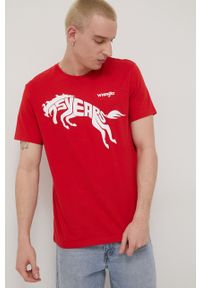 Wrangler t-shirt bawełniany kolor czerwony z nadrukiem. Kolor: czerwony. Materiał: bawełna. Wzór: nadruk