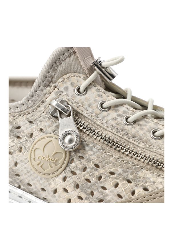 Półbuty damskie Rieker, skóra naturalna ażurowa cholewka elastyczne sznurowanie suwak boczny miękka wkładka lekka i amortyzująca podeszwa, złote, L32. Okazja: na co dzień, na spacer. Zapięcie: sznurówki. Kolor: złoty. Materiał: skóra. Szerokość cholewki: normalna. Wzór: ażurowy. Styl: casual, elegancki