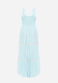 Born2be - Jasnoniebieska Sukienka na Ramiączkach z Gumką w Pasie Zapinana na Guziki z Falbanką i Haftem Tiamavita. Kolor: niebieski. Długość rękawa: na ramiączkach. Wzór: haft. Sezon: lato #4