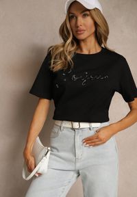 Renee - Czarny Bawełniany T-shirt Zdobiony Haftowanym Napisem z Cekinami Ulionis. Kolor: czarny. Materiał: bawełna. Wzór: napisy, aplikacja, haft. Styl: klasyczny, elegancki