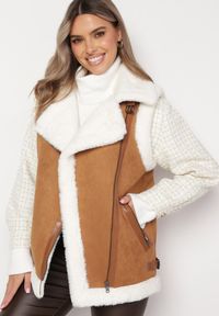 Born2be - Brązowa Kamizelka Bezrękawnik w Stylu Biker z Ekozamszu z Futerkiem Terone. Kolor: brązowy. Materiał: futro. Długość rękawa: bez rękawów. Wzór: aplikacja #1