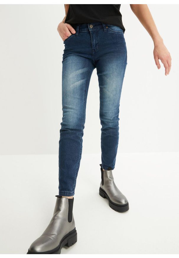 bonprix - Dżinsy Skinny, mid waist, krótsze nogawki. Kolor: niebieski. Długość: krótkie