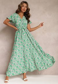 Renee - Zielona Plisowana Sukienka Maxi w Kwiatki z Gumką w Talii Ikama. Kolor: zielony. Materiał: materiał. Wzór: kwiaty. Długość: maxi