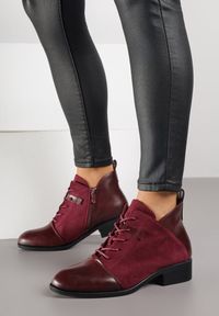 Renee - Bordowe Botki Vices ze Sznurowaną Cholewką i Wstawkami z Imitacji Zamszu Atavitte. Okazja: na co dzień. Kolor: czerwony. Materiał: zamsz. Szerokość cholewki: normalna. Styl: casual #7