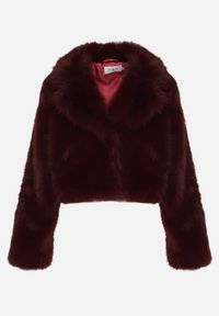 Born2be - Bordowa Futerkowa Kurtka o Krótkim Kroju z Eleganckim Kołnierzem Tazamisa. Okazja: na co dzień. Kolor: czerwony. Materiał: jeans. Długość: krótkie. Styl: elegancki #2