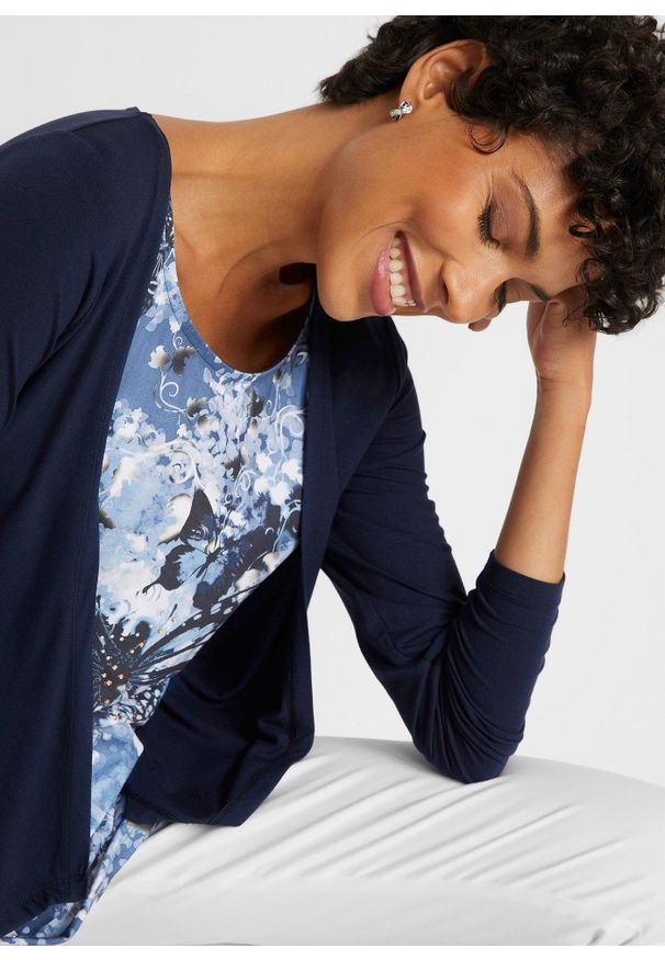 bonprix - Shirt 2 w 1 z nadrukiem. Kolor: niebieski. Wzór: nadruk