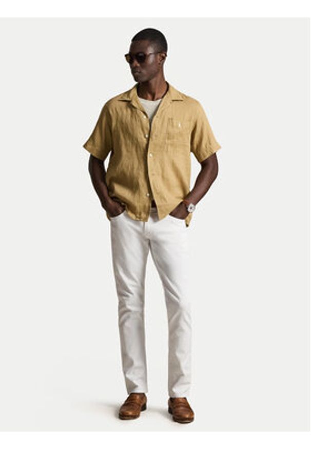Polo Ralph Lauren Koszula 710966421502 Beżowy ciemny Regular Fit. Typ kołnierza: polo. Kolor: beżowy. Materiał: len