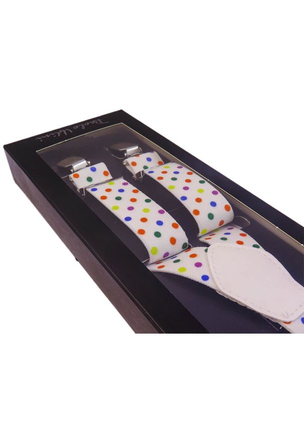 Modini - Białe szelki w kolorowe kropki unisex X22. Kolor: biały. Materiał: skóra, guma. Wzór: kolorowy, kropki