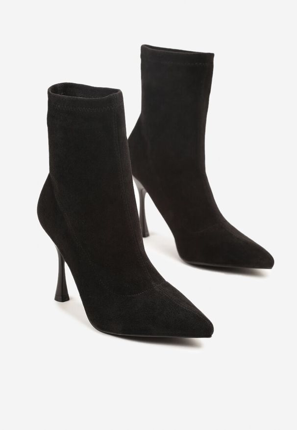 Renee - Czarne Botki Vices na Szpilce w Stylu Klepsydry Noraye. Okazja: na spotkanie biznesowe. Kolor: czarny. Materiał: jeans. Szerokość cholewki: normalna. Obcas: na szpilce. Styl: biznesowy, elegancki, klasyczny. Wysokość obcasa: średni