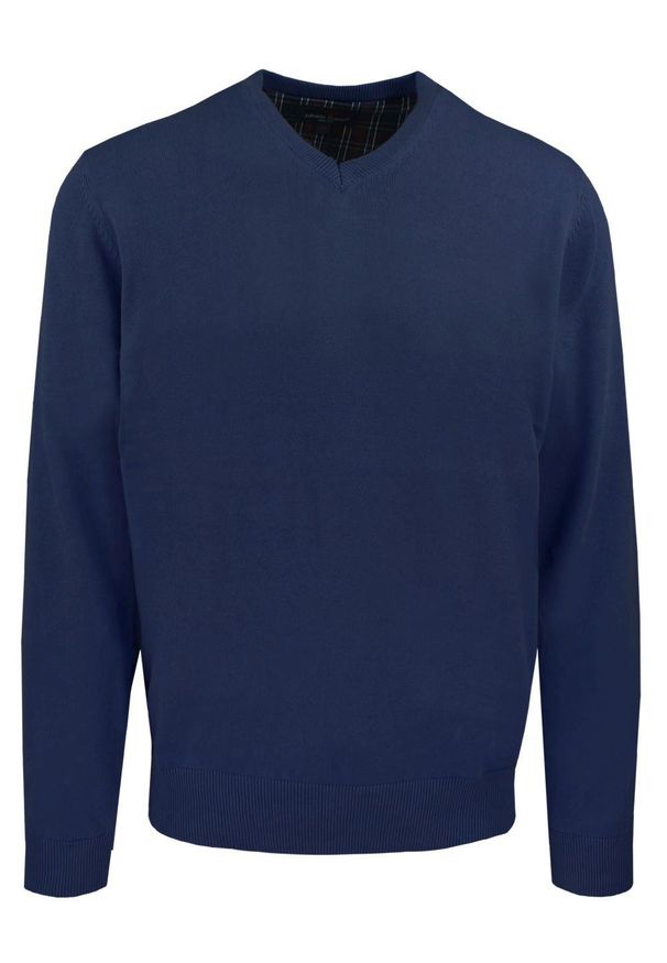 Męski, Bawełniany Sweter w Serek (V-neck) - Adriano Guinari - Granat. Okazja: do pracy, na co dzień, na spotkanie biznesowe. Typ kołnierza: dekolt w serek. Kolor: niebieski. Materiał: bawełna. Styl: klasyczny, casual, elegancki, biznesowy