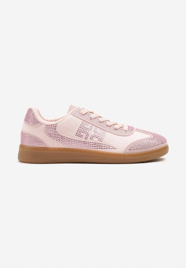 Born2be - Różowe Sneakersy na Kauczukowej Podeszwie z Cyrkoniami Amondelle. Okazja: na co dzień. Kolor: różowy. Materiał: kauczuk. Wzór: aplikacja