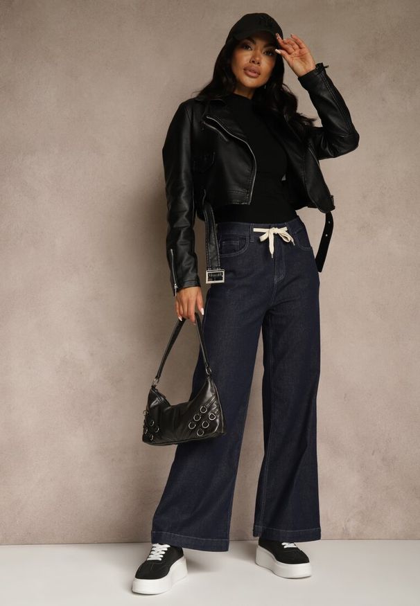 Renee - Niebieskie Jeansy z Bawełny High Waist z Ozdobną Sznurówką w Pasie Ohirvyra. Okazja: na co dzień. Stan: podwyższony. Kolor: niebieski. Styl: casual