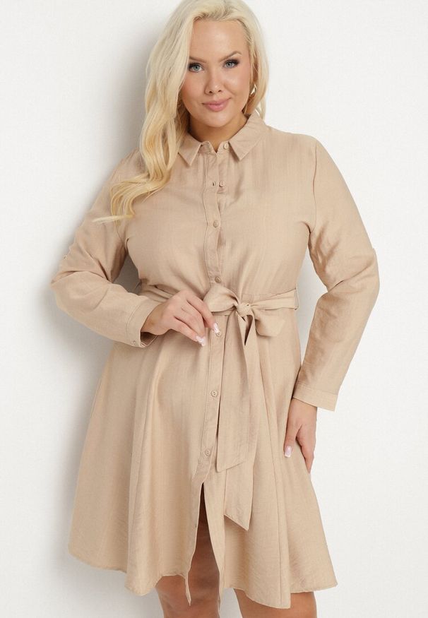Born2be - Beżowa Wiskozowa Sukienka Koszulowa z Materiałowym Paskiem Edirilea. Okazja: na co dzień. Kolor: beżowy. Materiał: wiskoza, materiał. Typ sukienki: koszulowe. Styl: casual, elegancki, klasyczny