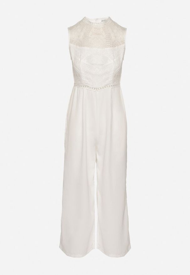 Born2be - Biały Kombinezon Bez Rękawów z Szeroką Nogawką i Siateczkowymi Zdobieniami Nalavie. Okazja: na co dzień, na imprezę. Kolor: biały. Materiał: skóra. Długość rękawa: bez rękawów. Wzór: aplikacja. Styl: elegancki, casual