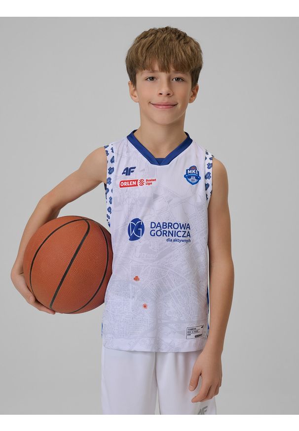 4f - 4F Koszulka meczowa replika domowa z sezonu 2025/26 dziecięca 4F x MKS Dąbrowa Górnicza - biała 110/116. Kolor: biały. Materiał: skóra, dzianina. Wzór: nadruk. Sezon: lato. Sport: fitness, koszykówka