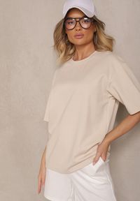 Renee - Jasnobeżowy Basicowy T-shirt z Bawełny Meranissea. Okazja: na co dzień. Kolor: beżowy. Materiał: bawełna. Styl: klasyczny, casual