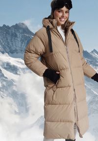 Born2be - Ciemnobeżowa Długa Kurtka Pikowana Płaszcz na Zamek z Kapturem Lesea. Okazja: na co dzień. Typ kołnierza: kaptur. Kolor: beżowy. Materiał: dzianina, jeans. Długość: długie. Styl: casual, elegancki #5