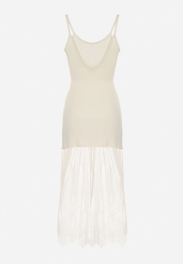 Born2be - Beżowa Prążkowana Sukienka Koktajlowa Ozdobiona Koronką Sonalitea. Kolor: beżowy. Materiał: prążkowany, koronka. Wzór: aplikacja, koronka. Styl: wizytowy