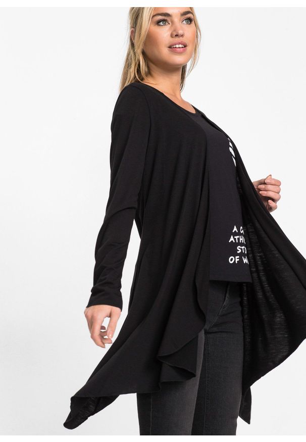 bonprix - Shirt bez zapięcia, z mieszanki wiskozy. Kolor: czarny. Materiał: wiskoza. Długość: długie