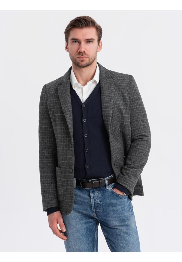 Ombre Clothing - Męska marynarka w kratę z dodatkiem wełny - grafitowa V2 - Rozmiar: XXL. Kolor: szary. Materiał: wełna