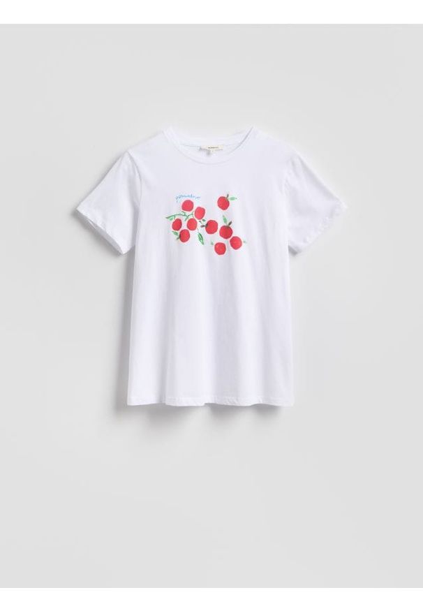 Reserved - Bawełniany t-shirt z nadrukiem - biały. Kolor: biały. Materiał: bawełna. Wzór: nadruk