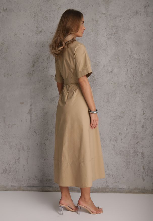 Renee - Beżowa Pudełkowa Sukienka z Bawełny Ozdobiona Przeszyciami i Paskiem Anthionis. Okazja: na co dzień. Kolor: beżowy. Materiał: bawełna. Wzór: aplikacja. Typ sukienki: proste. Styl: elegancki, casual