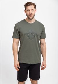 Volcano - Bawełniana koszulka, Comfort Fit, T-LIQUID. Okazja: na co dzień. Kolor: brązowy. Materiał: bawełna. Długość rękawa: krótki rękaw. Długość: krótkie. Wzór: nadruk. Styl: casual #1