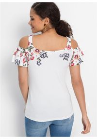 Shirt cold-shoulder z nadrukiem bonprix biel wełny w kwiaty. Kolor: biały. Materiał: wełna. Wzór: kwiaty, nadruk #5