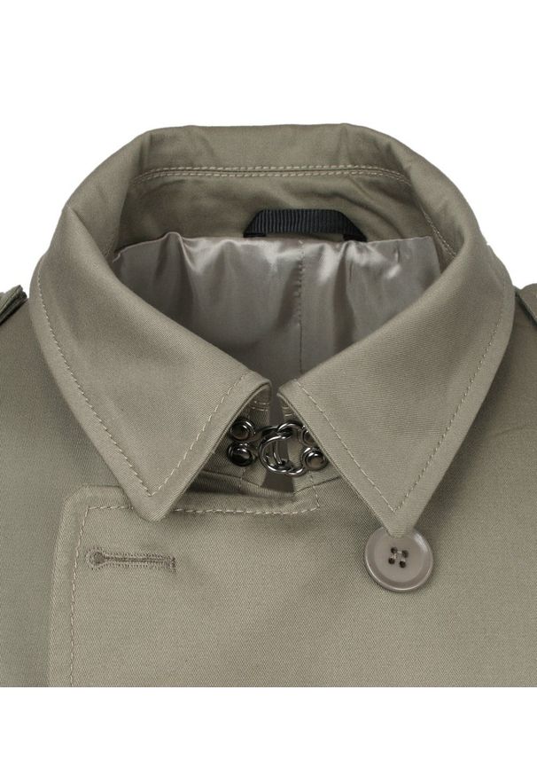 Płaszcz Trencz, Szaro-Oliwkowy Elegancki, Dwurzędowy, na Guziki, Wiosenno-Jesienny -JaniMen. Kolor: szary, wielokolorowy, oliwkowy. Materiał: poliester, tkanina. Sezon: jesień, wiosna. Styl: elegancki