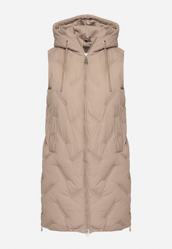 Born2be - Jasnobeżowa Pikowana Kamizelka z Kapturem i Kieszeniami Esarivie. Okazja: na spacer. Typ kołnierza: kaptur. Kolekcja: plus size. Kolor: beżowy. Materiał: jeans