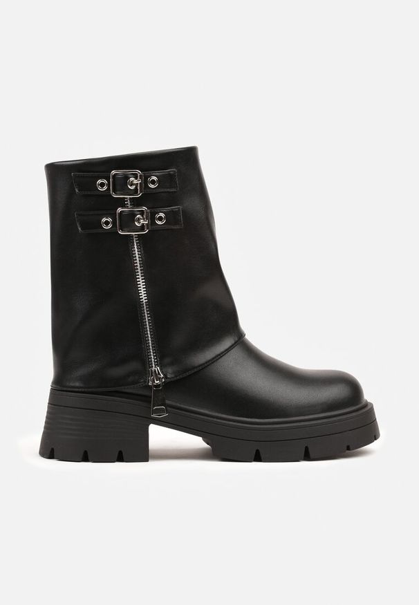 Born2be - Czarne Botki ze Skóry Naturalnej w Stylu Biker z Wywiniętą Cholewką Suwakiem i Dwiema Klamrami Adarrive. Zapięcie: klamry. Kolor: czarny. Materiał: skóra. Szerokość cholewki: normalna. Styl: klasyczny