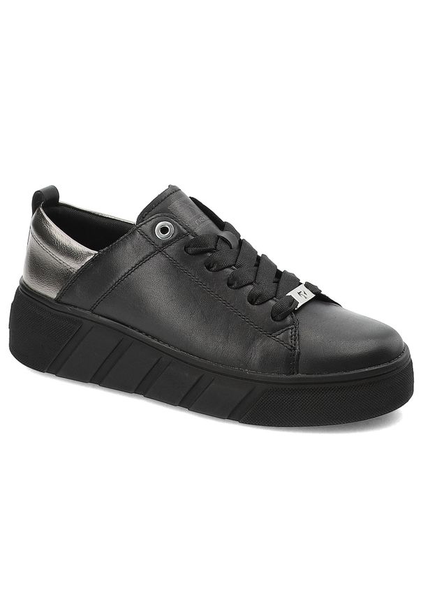 Czarne Sneakersy Rieker Modne Obuwie Damskie. Okazja: na co dzień. Zapięcie: sznurówki. Kolor: czarny. Materiał: skóra. Wzór: gładki