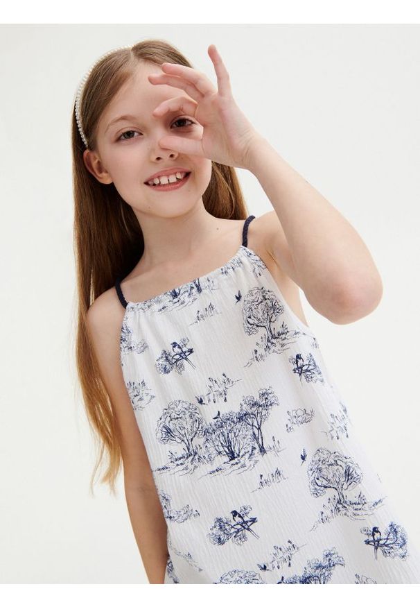 Reserved - Wzorzysta bluzka - biały. Kolor: biały. Materiał: bawełna. Długość rękawa: na ramiączkach