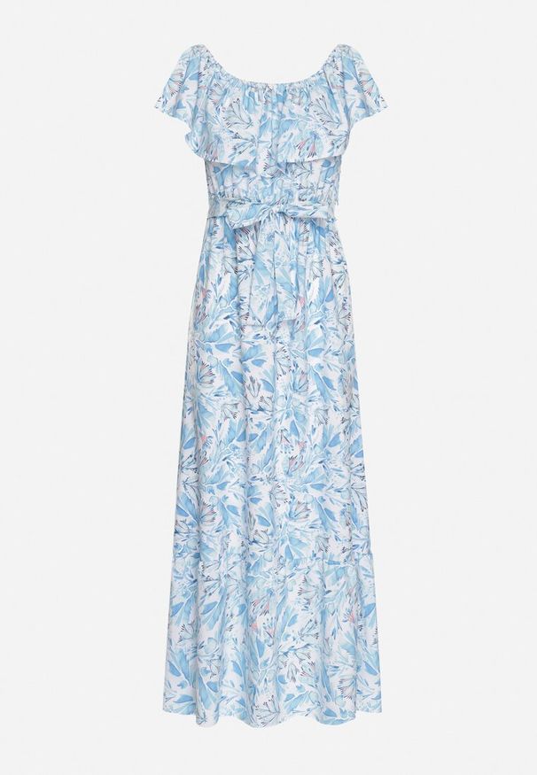 Born2be - Niebieska Sukienka Hiszpanka z Bawełną w Kwiaty Mreova. Okazja: na co dzień. Typ kołnierza: dekolt hiszpanka. Kolor: niebieski. Materiał: bawełna. Wzór: kwiaty. Styl: casual, elegancki, klasyczny