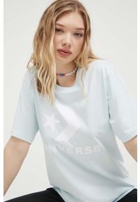 Converse t-shirt bawełniany kolor turkusowy z nadrukiem. Kolor: turkusowy. Materiał: bawełna. Wzór: nadruk. Styl: klasyczny #7
