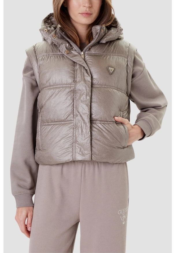 Guess - GUESS Beżowa damska kamizelka Padded Vest, Rozmiar L. Kolor: beżowy