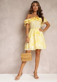 Renee - Żółta Haftowana Sukienka Mini z Hiszpańskim Dekoltem i Gumką w Talii Nissi. Kolor: żółty. Wzór: haft. Długość: mini #5